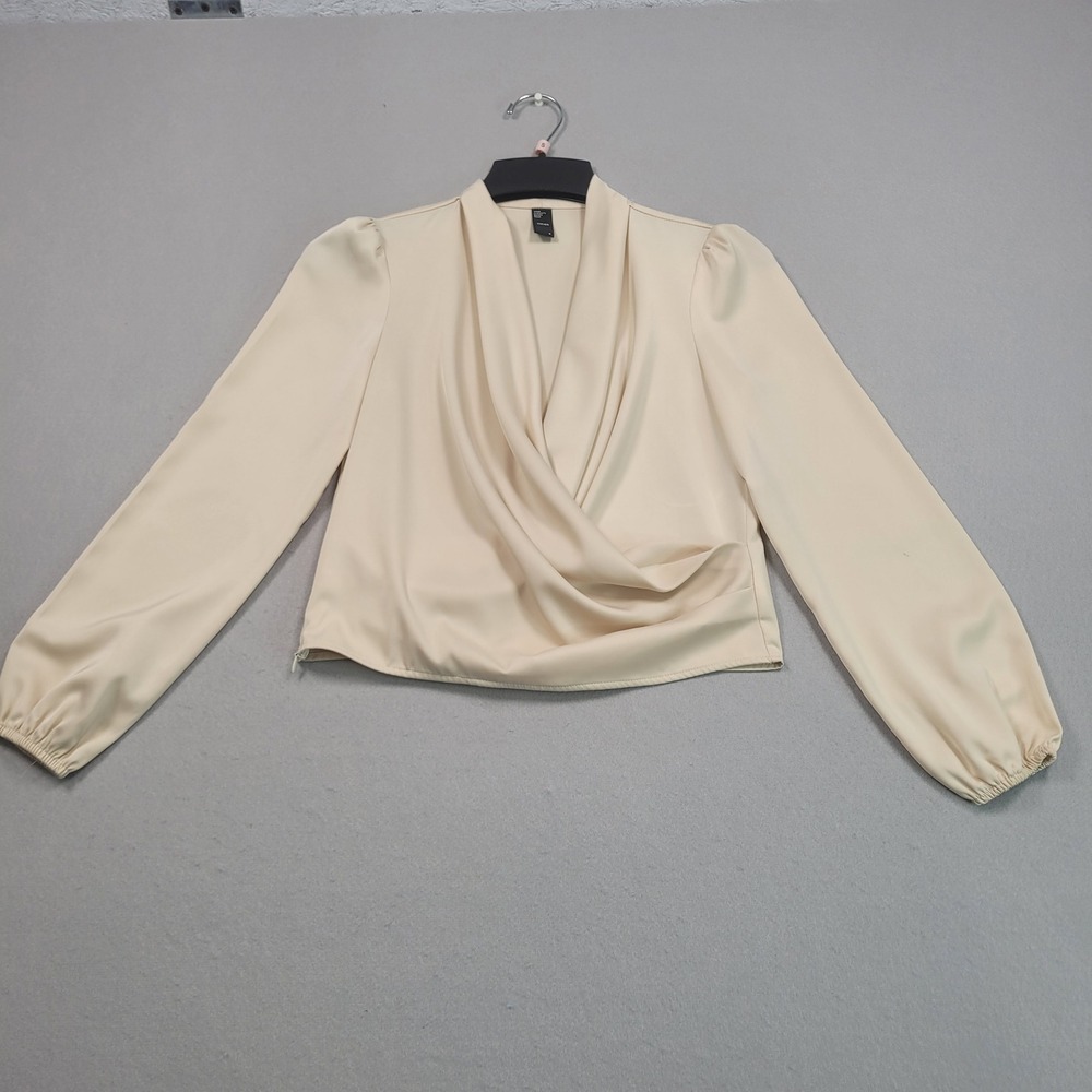 Cider Women Champagne Satin Long Sleeve Surplice Draped Blouse Small
